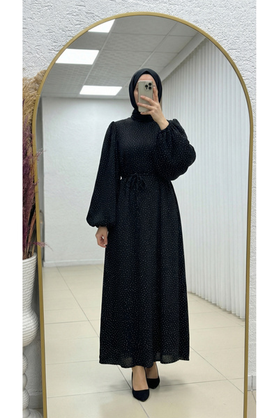 MİHRA STORE Capesia Balon Kol Taşlı Nobel Elbise-EK124.15 Siyah