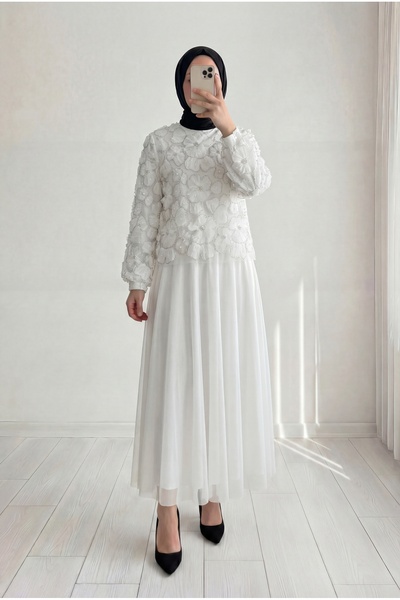 MİHRA STORE Σετ τούλι Hacer με πέτρινο τριαντάφυλλο και φούστα-GE799 Λευκό