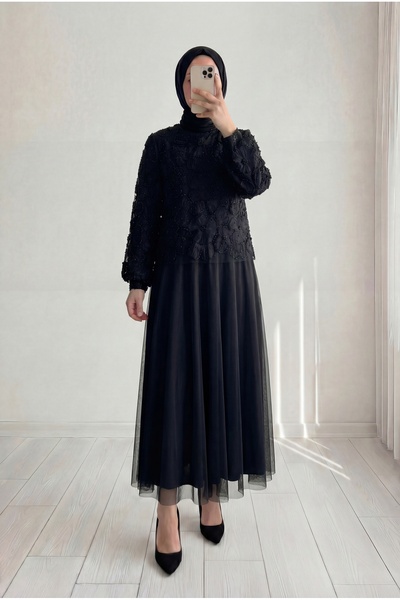 MİHRA STORE Hacer Taşlı Güllü Etekli Tül Takım-GE799 Siyah
