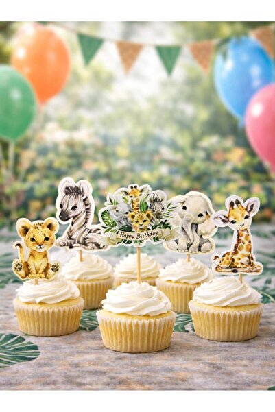 Parti Adresi Safari Temalı Kürdan Sevimli Hayvan Figürlü Pasta Süsü Cupcake K...