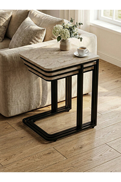 GOLDFALEZ Zigon Sehpa 3'lü Tekerlekli Metal Ayaklı Yan Sehpa Traverten