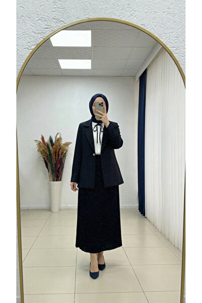 MİHRA STORE Fatmagül Tek Düğmeli Eteği Piliseli Taşlı Etekli Takım-GE1233 Siyah