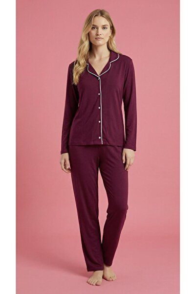 MEBA Costum de pijama sezonier pentru femei, tricotat, cu nasturi și mâneci l...