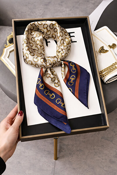 Behills Kadın Zincir Desen Bandana Fular Rayon Kumaş İtalyan Dikişli Boyun Fu...