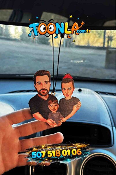 wonderlike Kişiye Özel Karikatürlü Aile Ahşap - Araba Dikiz Ayna Süsü