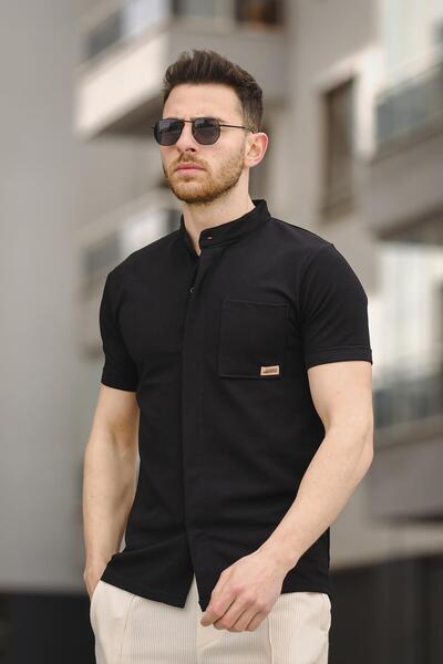 Oksit Dennie Tek Cep Waffle Kumaş Slim Kısa Kol Hakim Yaka Erkek Gömlek