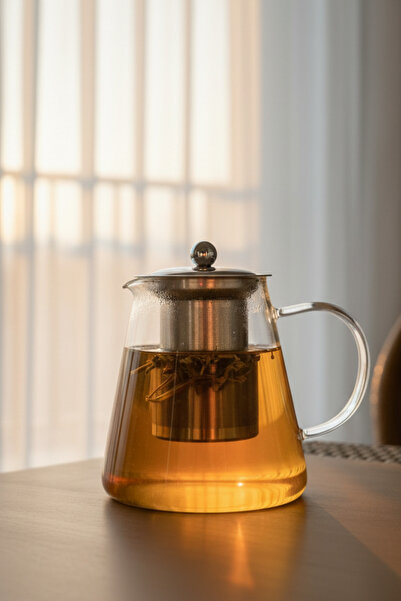 İpek Porselen Borosilikat Cam Çelik İç Süzgeçli Bitki Çayı Demliği Kulplu 950 Ml