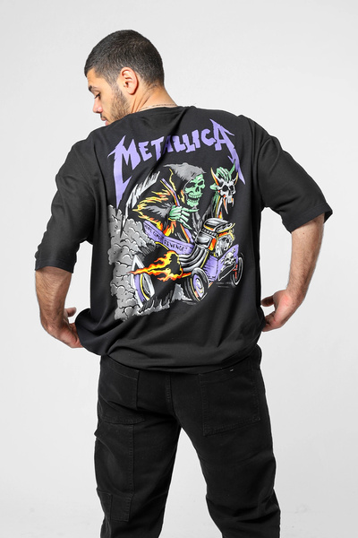 Sekizbiraltı Metallica Mor Sırt Baskılı Unisex Oversize Siyah Tshirt