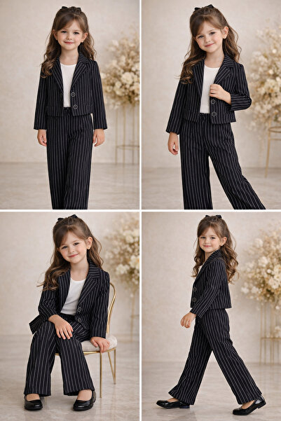 tinytrends Kız Çocuk Exclusive Cut Royal Çizgili Takım Elbise Ceket Pantolon Düğün Bayramlık