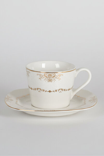 İpek Porselen 2'Li Emboss Desen Altın Yaldızlı Hazal Porselen Kahve Fincan Ta...