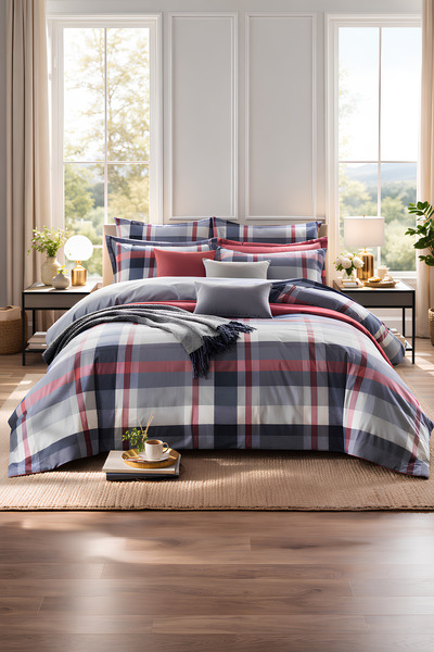 remtex طقم غطاء لحاف مزدوج منقوش باللونين الرمادي والأحمر - سلسلة مودرن