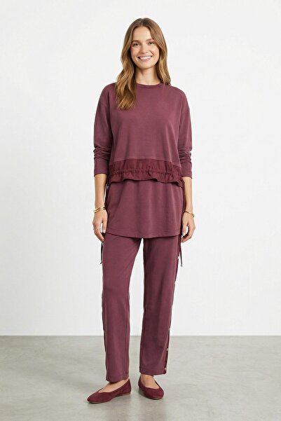 Puane Women's Ruffle Detailed Modal Blend Set – 14456Tks - Burgundy