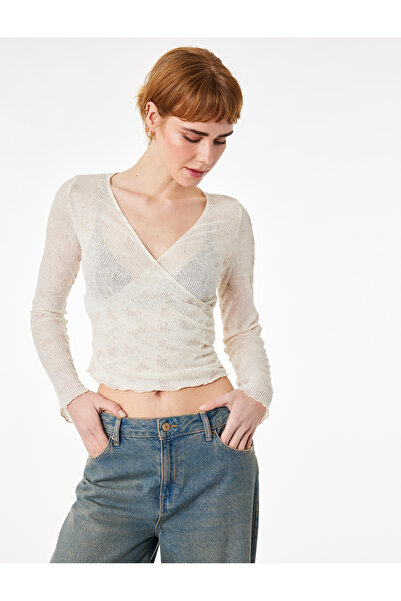 Koton Μακρυμάνικο μπλουζάκι με λουλουδάτο διπλό γιακά και στενή εφαρμογή