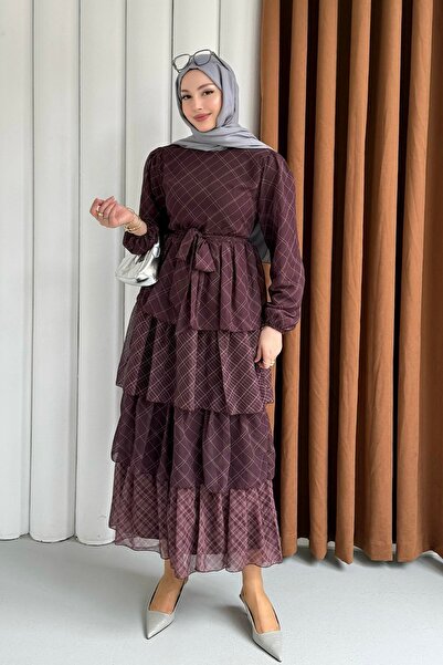 Modaensarbutik Çizgi Desenli Kat Katlı Şifon Tesettür Elbise-BORDO