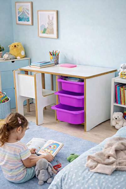 Industrial Living 3 Çekmeceli Çocuk Etkinlik Masası - Beyaz MDF - Lila Çekmeceli