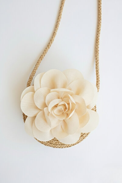 LOGO AKSESUAR Bej Keten Çiçekli Kız Hasır Çanta