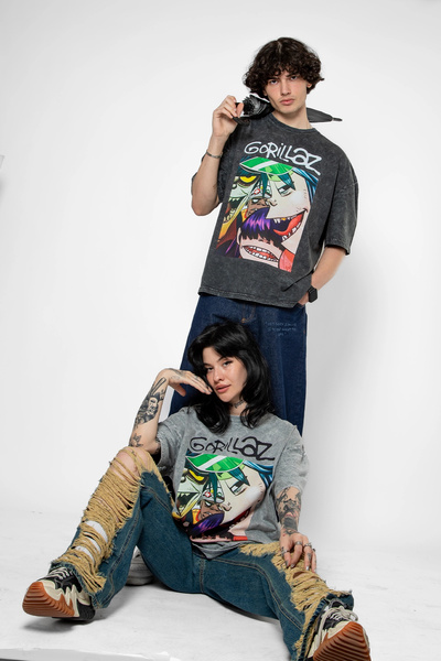 Sekizbiraltı Gorillaz Baskılı Oversize Unisex Yıkamalı Siyah Tshirt