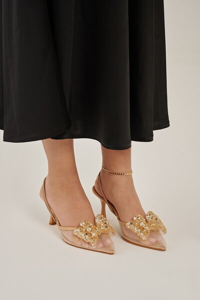 Modezya Γυναικεία παπούτσια με τακούνι Regina Nude με διαφανή πέτρινη λεπτομέ...