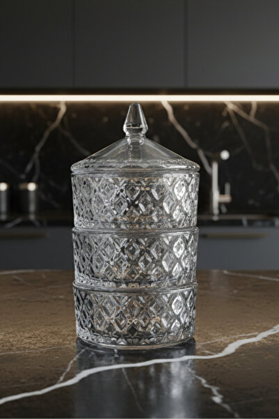 İpek Porselen 3-Tier Covered Crystallized Glass Dragee-Biscuit-Candy Containe...