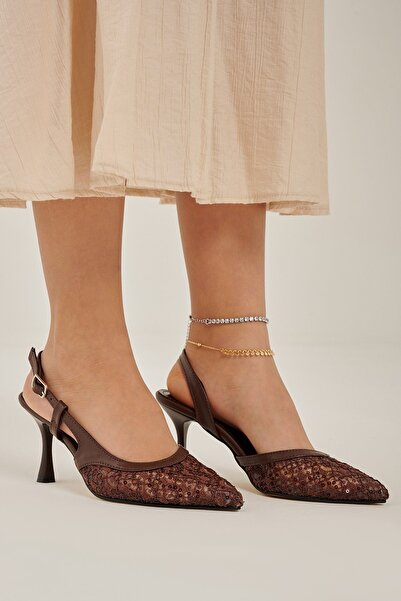 Modezya حذاء لوسيا نسائي بكعب عالٍ وتفاصيل حزام خلفي مزين بالترتر باللون البني