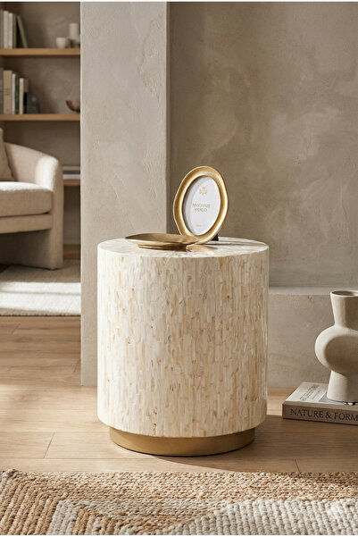 Lisso Solenne Beyaz Doğal Kaplama Lüks El İşçiliği Yan Sehpa / Tabure 40x40 H:45