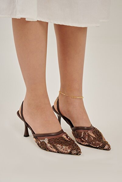 Modezya حذاء ليلى بكعب نسائي مدبب ومزين بالترتر مع ظهر مطاطي