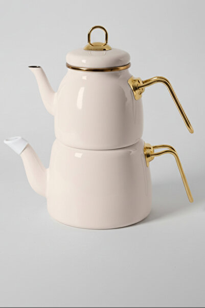 İpek Porselen طقم إبريق شاي من المينا بلون كريمي نقي - بمقبضين ذهبيين