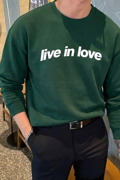 COMBİNE MİCHAİL Hanorac pentru bărbați din bumbac imprimat Live In Love, verd...