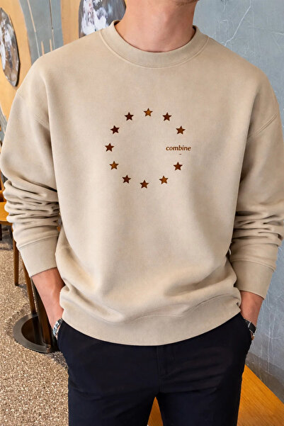 COMBİNE MİCHAİL Ανδρικό φούτερ με στάμπα Star, άνετη εφαρμογή, σε κρεμ χρώμα