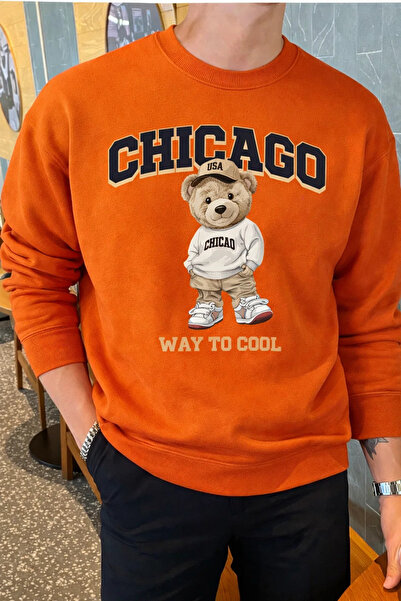 COMBİNE MİCHAİL Men's Chicago Printed Loose Orange Sweatshirt