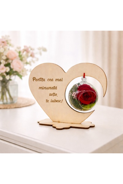 velve Tablou in forma de inima cu trandafir criogenat, licheni stabilizati si...