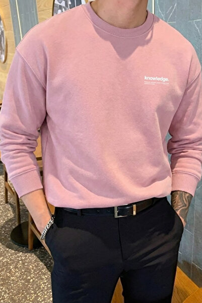 COMBİNE MİCHAİL Ανδρικό ροζ φούτερ από βαμβάκι με στάμπα Knowledge