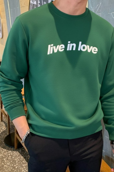 COMBİNE MİCHAİL Hanorac verde pentru bărbați din bumbac imprimat Live In Love