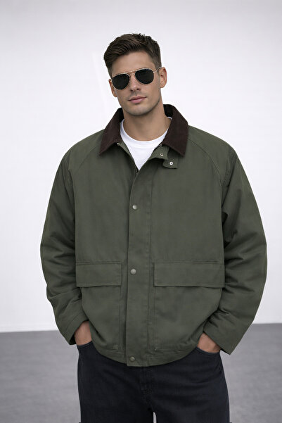 EA LİNE Erkek Haki Regular Fit Kadife Yaka ve Çıtçıt Detaylı Unisex Mevsimlik...