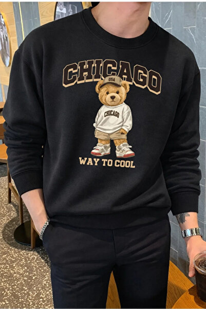 COMBİNE MİCHAİL Erkek Chıcago Baskılı Salaş Siyah Sweatshirt