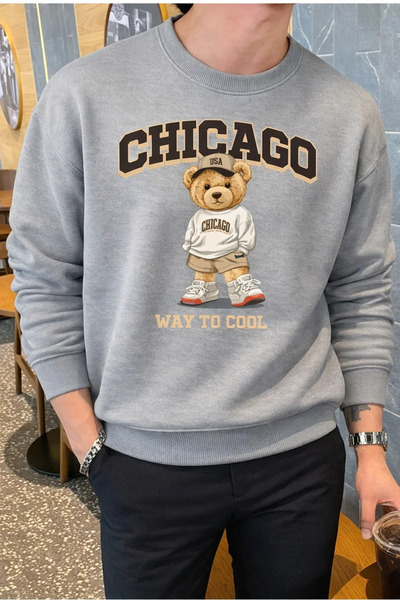 COMBİNE MİCHAİL سويت شيرت رجالي فضفاض مطبوع عليه شيكاغو باللون الرمادي