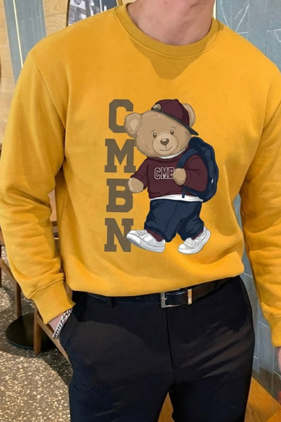 COMBİNE MİCHAİL Erkek Comfort Ayı Baskılı Hardal Sweatshirt