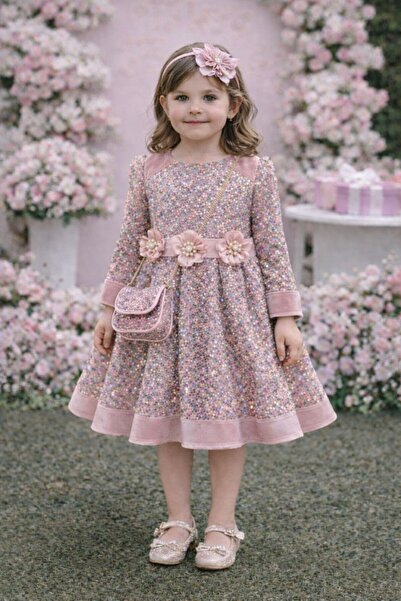 SÜSLÜ PİNK KİDS فستان بناتي مزين بالترتر مع بطانة داخلية