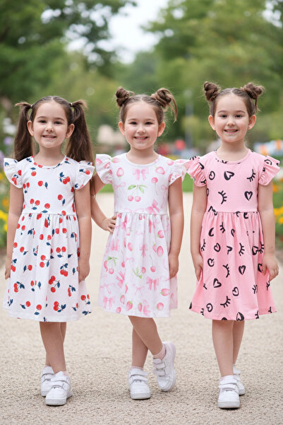 minikiss 3 Adet Yazlık Baskılı Likralı Süprem Kumaş Kız Çocuk Elbise