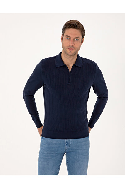 Pierre Cardin Navy Blue Regular Fit Polo Collar Zippered Sweater Sweater 5031...