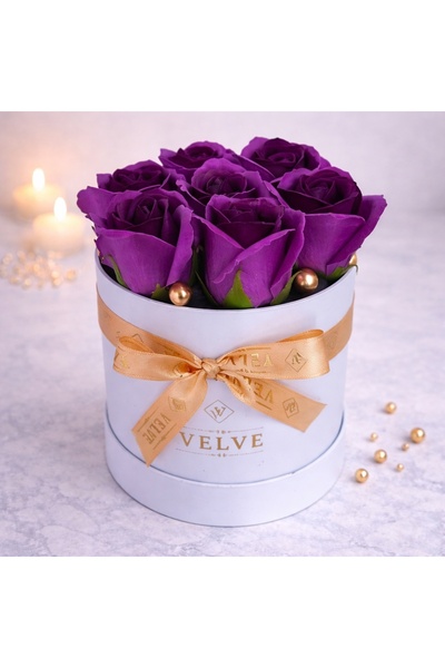 velve Aranjament floral Glamour Double Color, cutie rotunda,7 trandafiri sapu...