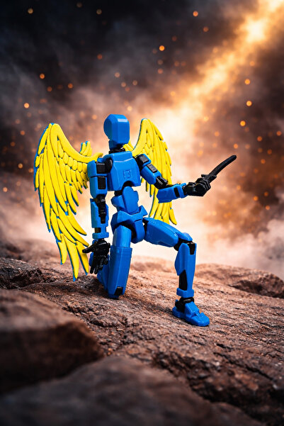 joybaskı Robot Dummy Sarı Lacivert Kanatlı Oynar Eklemli Hareketli Oyuncak Ak...