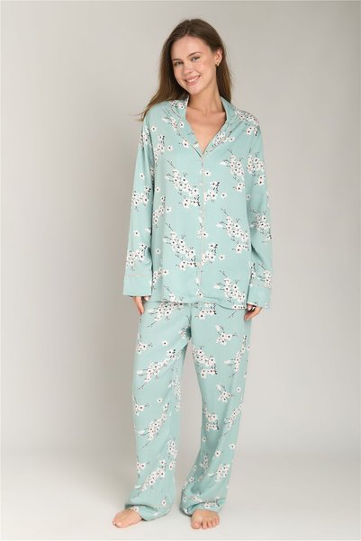 LOVELY THINGS Sakura Woven Long Sleeve Shirt and Pants Set Pajama Set - Green