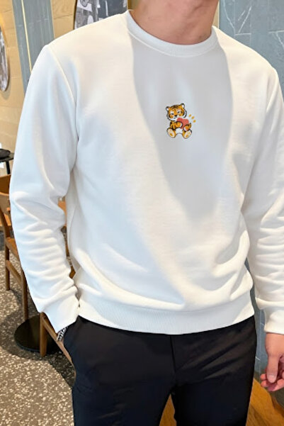 COMBİNE MİCHAİL Men's Tiger Printed Loose Ecru Sweatshirt