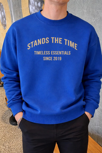 COMBİNE MİCHAİL Erkek Stands The Time Baskılı Oversize Bisiklet Yaka Mavi Swe...