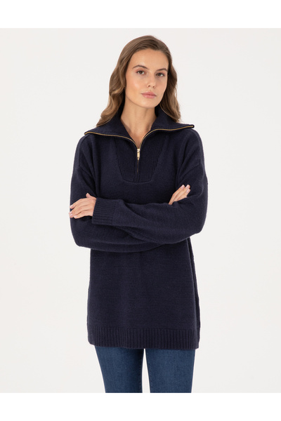 Pierre Cardin Navy Blue Comfort Fit Zippered Shawl Collar Sweater 50317121-Vr033