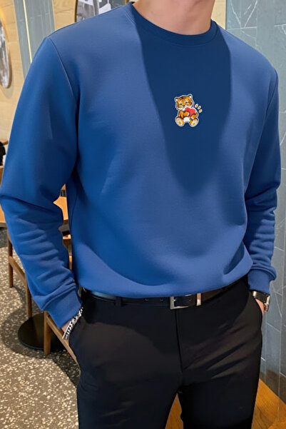 COMBİNE MİCHAİL Men's Tiger Printed Loose Fit Blue Sweatshirt