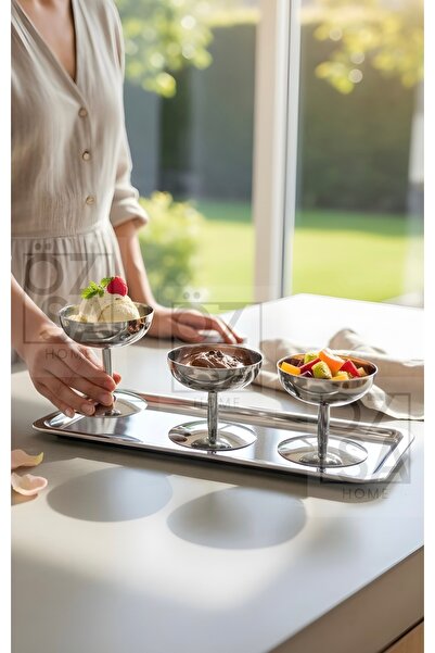 ÖzSa Home طقم عرض آيس كريم مكون من 4 قطع - وعاء حلوى وحلوى، صينية فولاذية