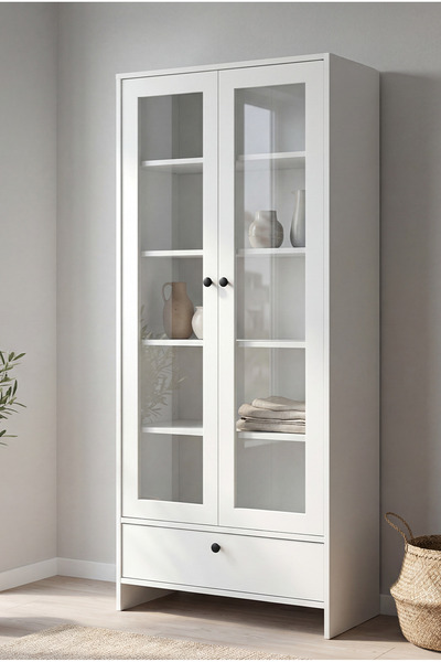 BBF Furniture Cam Kapaklı Vitrin ve Kitaplık – 5 Raflı, Çekmeceli, Çok Amaçlı...