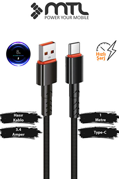 MTL 3.4A USB to Type-C Hızlı Şarj ve Data Kablosu Hasır 1 Metre Siyah MT2015